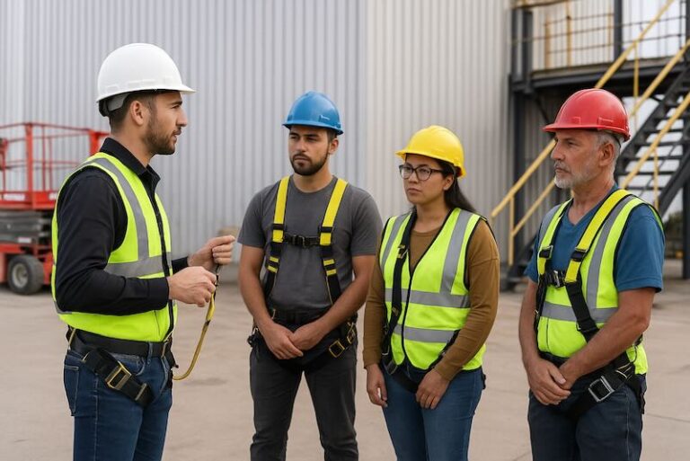 Técnicos asesorando sobre seguridad en altura durante una visita a obra.