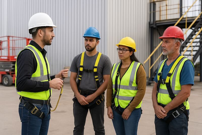 Técnicos asesorando sobre seguridad en altura durante una visita a obra.